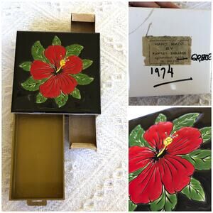 VTG Hibiscus Ceramic Match Box Cigarette Holder Hand Made Pangas Keramic 1974